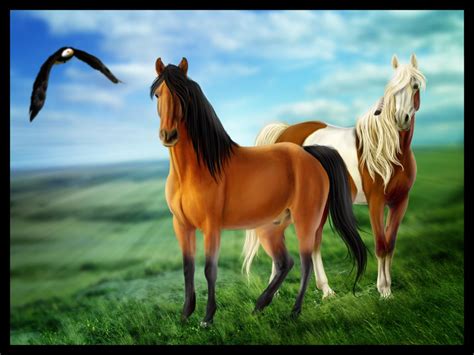 Фото Спирит и его подруга стоят на лугу, сзади летит орел, арт к ...