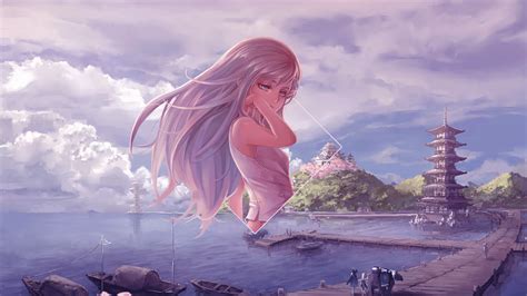 Blue Eyes Anime Anime Girls Clouds Sea Picture In Picture Digital Art Silver Hair