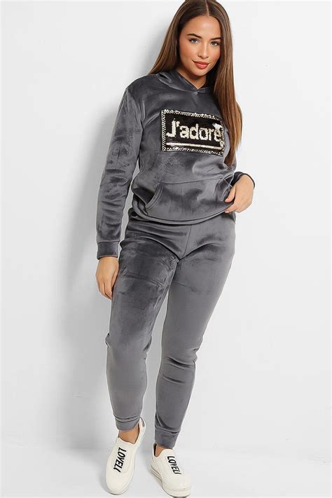 Grey Velour Thick Fleece Lined Sequinned Jadore Tracksuit Singleprice