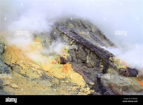 Kawah Ijen Volcano Sulfur Mine At Ijen Geopark In The East Java