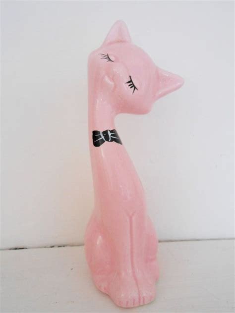 1950s Pink Kitsch Flirty Cat Figurine Midcentury Mod Collectors Porcelain Vintage Ornament