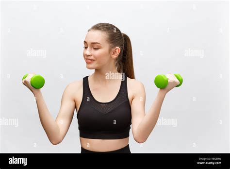 Happy Fitness Woman Lifting Dumbbells Smiling Cheerful Fresh And