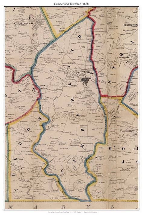 Cumberland 1858 Old Town Map Pennsylvania Gettysburg With Homeowner Names Reprint Adams County