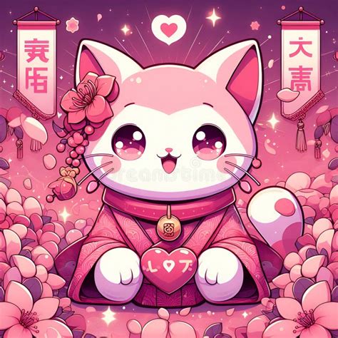 A Cute Pink Lucky Cat in Japanese Style, with Sakura Flower Arounds, Symbol of Love within ...