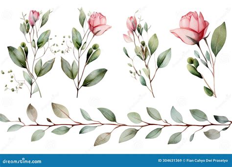 Set Of Watercolor Floral Frame Border With Pink Rose Stock Illustration