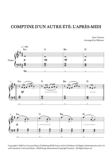 Comptine D Un Autre T L Apr S Midi Arr Milanov By Yann Tiersen