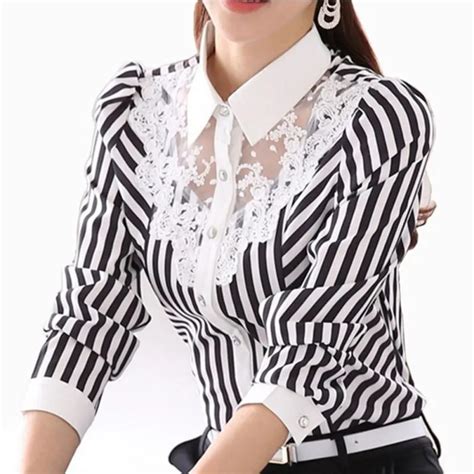 Women Blouse Long Sleeve Lace Tops Striped Turn Down Collar Blouses