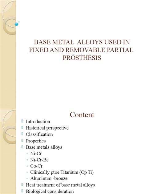 Base Metal Alloys Used in Fixed and Removeable | PDF | Alloy | Metals