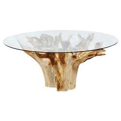 Birk Coastal Beach Glass Top Natural Teak Base Round Coffee Table