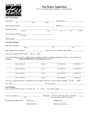 Fillable Online Dsu Non Degree Application Ttl Dakota State