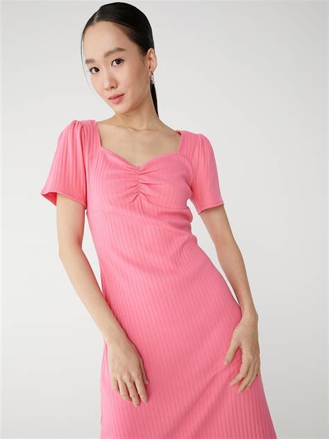 Square Neckline Short Sleeve Midi Dress Pink Pomelo Fashion