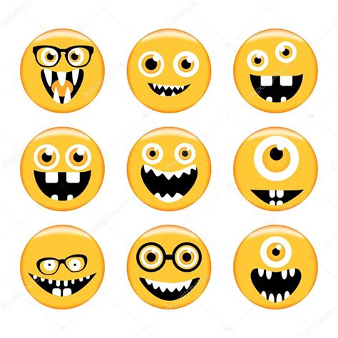 Set Of Emoticons Emoji Monster Faces In Glasses With Different