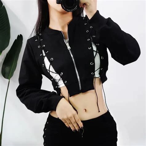 Sexy Bandage Zipper Cropped T Shirt Cross Criss Lace Up Hollow Out T