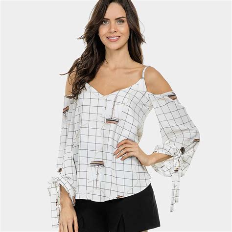 Blusa Manga 3 4 Ombros Vazados Lez A Lez Cor Off White Pole Modas