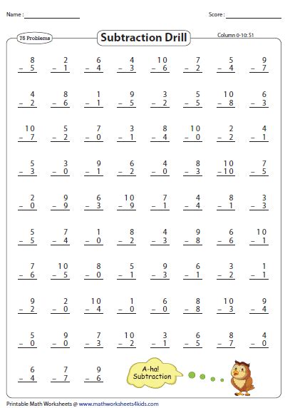 0 10 Subtraction Drills Worksheets