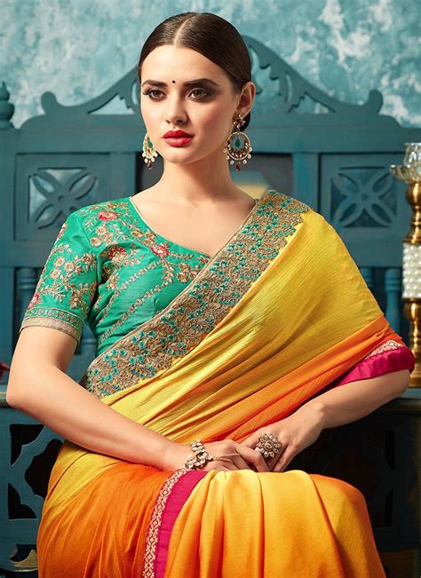 Sea Green And Yellow Multicolor Embroidered Silk Chiffon Saree Stylish