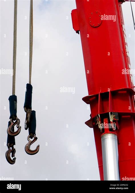 Detail Of A Red Heavy Lift Crane Boom With Hooks Stock Photo Alamy