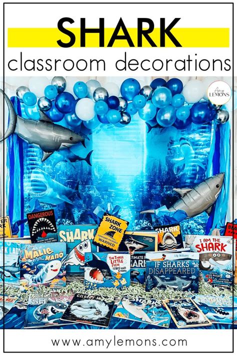 The Shark Classroom Decorations Are All Blue And Have Balloons In Them