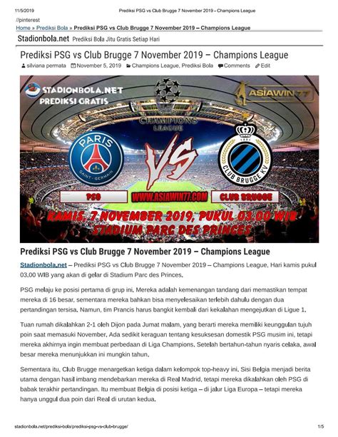 Prediksi PSG vs Club Brugge 7 November 2019 - Champions League by ...