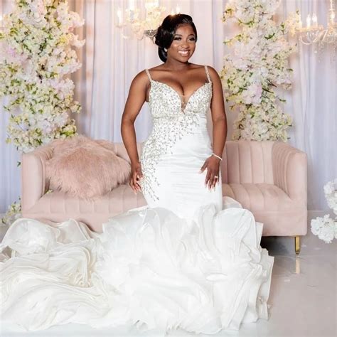 Plus Size Mermaid Wedding Dresses With Tiered Ruffles Train Bridal Gowns Beading Spaghetti