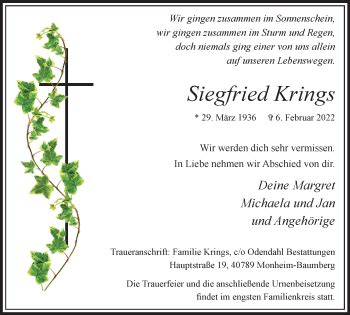 Traueranzeigen Von Siegfried Krings Trauer In Nrw De