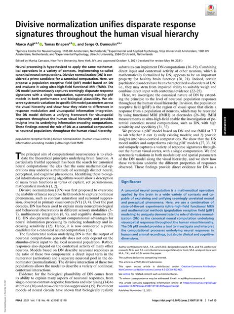 Pdf Divisive Normalization Unifies Disparate Response Signatures