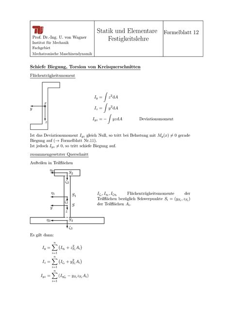 Formelblatt Statik Und Elementare Formelblatt Prof Dr Ing U