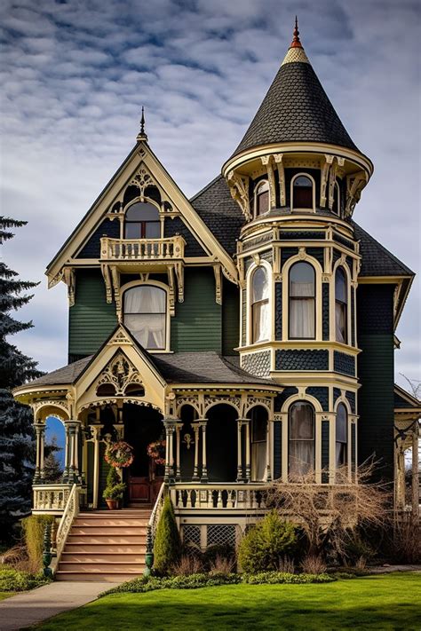 An Old Victorian Style House With Green Trim And White Trim On The