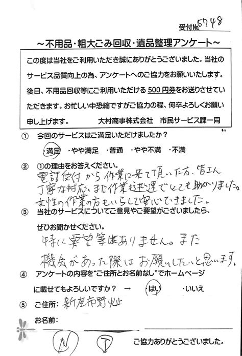 新座市のお客様のお声です 大村商事に粗大ごみ・不用品の処分、生前整理・遺品整理はお任せ下さい