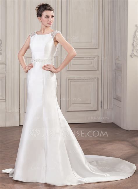 Trumpet Mermaid Scoop Neck Chapel Train Satin Wedding Dress With