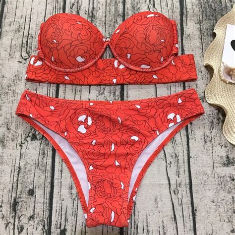 Rojo Impresi N Floral Underwire Bikini Set Sexy Tri Ngulo Troncos De