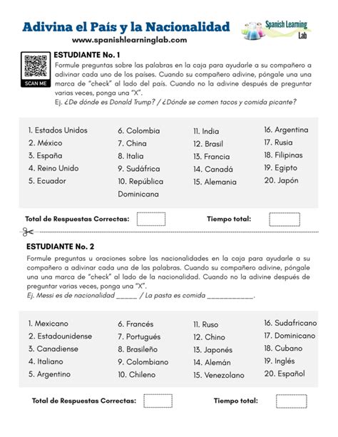 Adivina el País y la Nacionalidad en Español Ejercicios en PDF