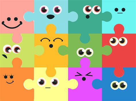 Abstract Puzzles with Faces. Various Emotions. Different colored ...