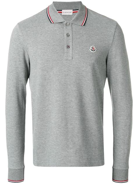 Moncler Striped Trim Cotton Piqu Polo Shirt In Grey Modesens