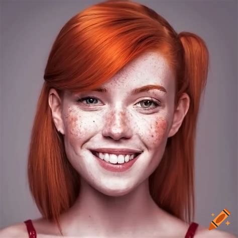 Portrait Of A Smiling Woman With Red Hair And Freckles