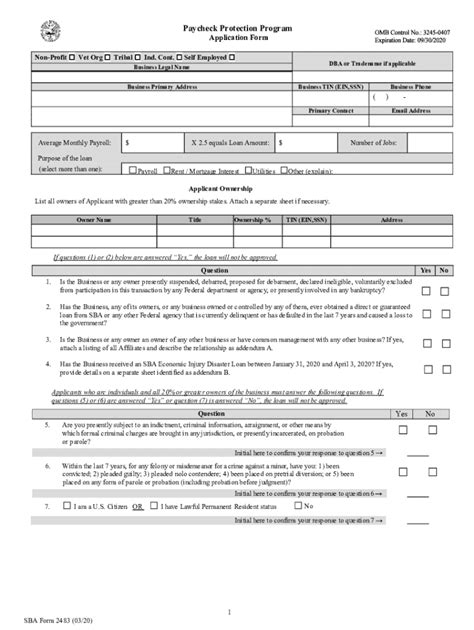 Fillable Online Paycheck Protection Program Ppp Application Form