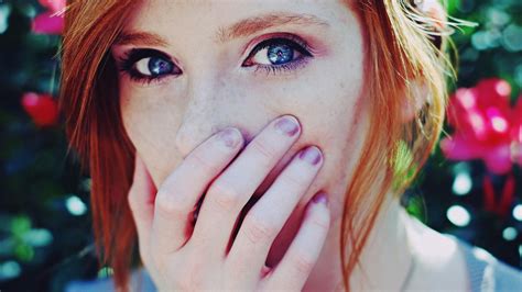 Wallpaper Women Redhead Model Portrait Hands Flowers Blue Eyes