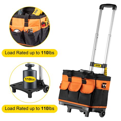 Vevor Rolling Tool Bag 14in Tool Bag With Wheels 17 Pockets Roller Tool Bag 110lb Load