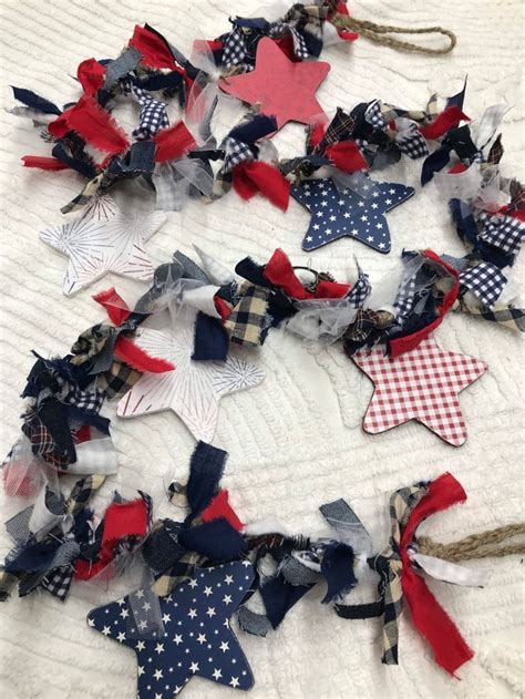 Americana Rag Garland Patriotic Fabric Garland Fourth Of July Decor Red