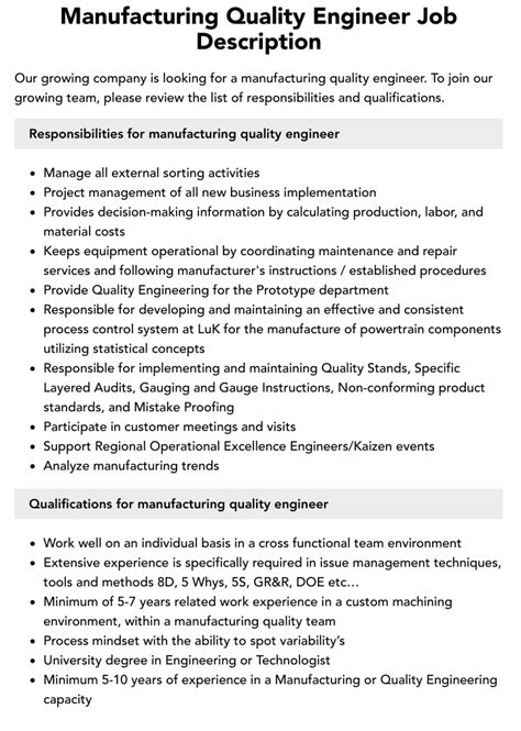 Manufacturing Quality Engineer Job Description Velvet Jobs