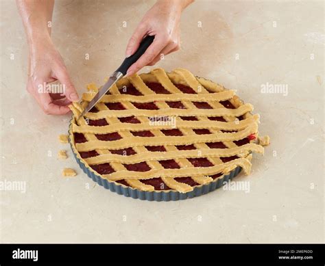 Making Traditional Austrian Tart Linzertorte Putting Dough Strips