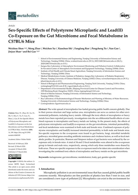 Pdf Sex Specific Effects Of Polystyrene Microplastic And Leadii Co Exposure On The Gut