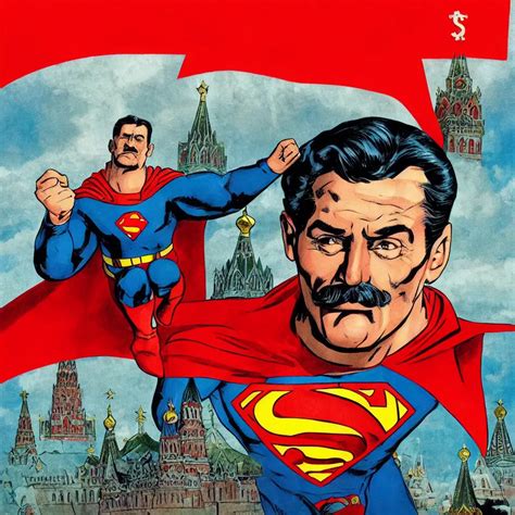 Epic Comic Book Cover Of Stalin As Superman Floating Stable Diffusion