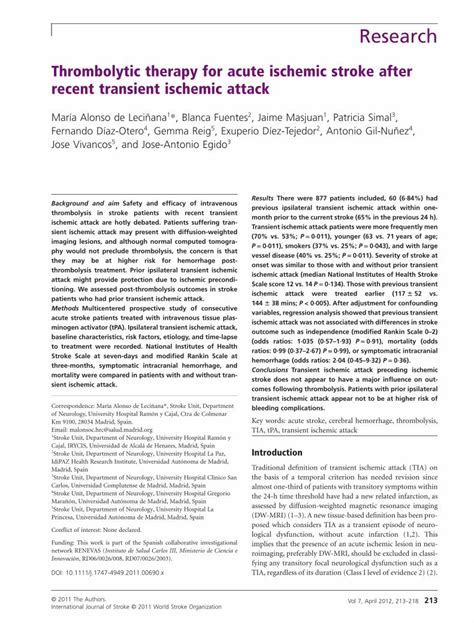 Pdf Thrombolytic Therapy For Acute Ischemic Stroke After Recent Transient Ischemic Attack