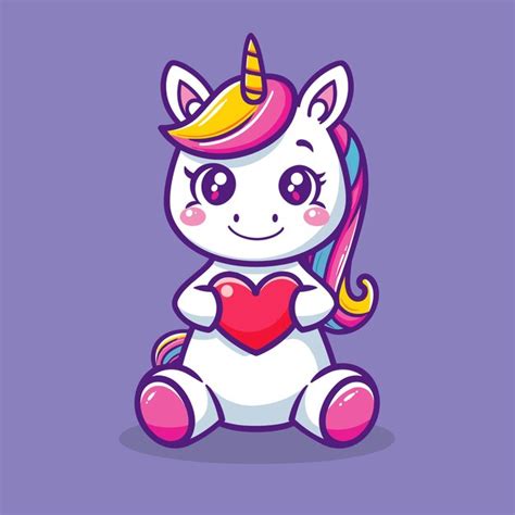 Cute Kawaii Unicorn Holding Red Heart Flat Vector Illustration