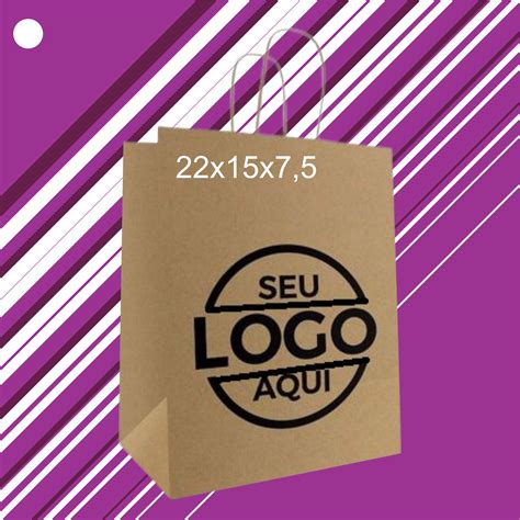 100 Sacola De Papel Kraft Personalizada A Sua Logo Sacolas 22x18x9