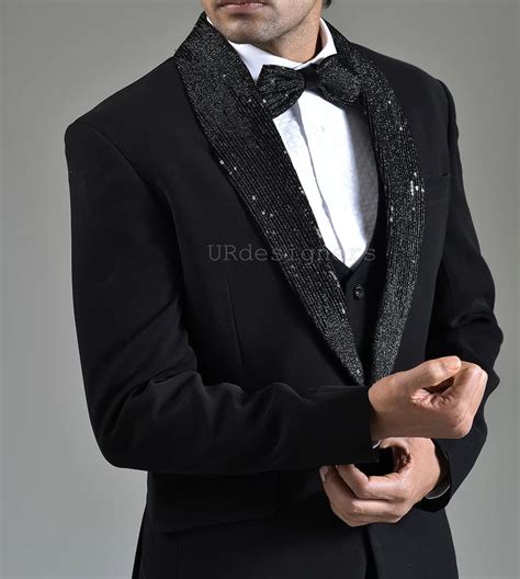 Designer Black Tuxedo Suit With Sequins And Pearl Handwork On Satin