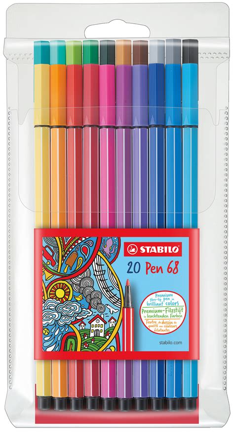 STABILO Pen 68 Fibre Tip Pen Wallet Of 20 Assorted Colours 6820