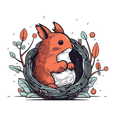 Cute squirrel sitting in the nest. Hand drawn vector illustration ...