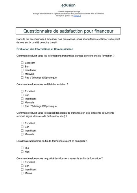 Modèle de questionnaire Satisfaction des financeurs de formation